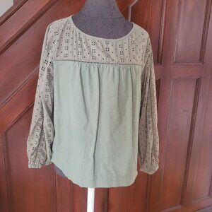 J.Crew Mercantile Eyelet-Detail Blouse L Sage Green Linen Long Sleeve Boho Top